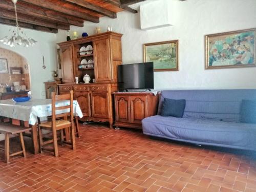 un salon avec un canapé bleu et une télévision dans l'établissement Maison à Noirmoutier - Proche plage & forêt - Animaux admis - FR-1-823-65, à Noirmoutier-en-l'lle