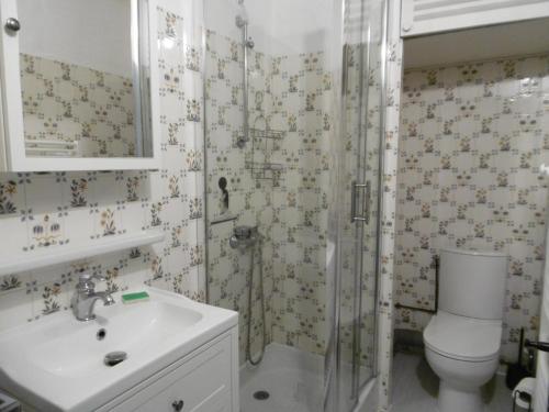une salle de bain avec une douche, un lavabo et des toilettes dans l'établissement Maison de Bourg à Noirmoutier - 6 Pers, Secteur Calme, Parking, Animaux Admis - FR-1-823-82, à Noirmoutier-en-l'lle