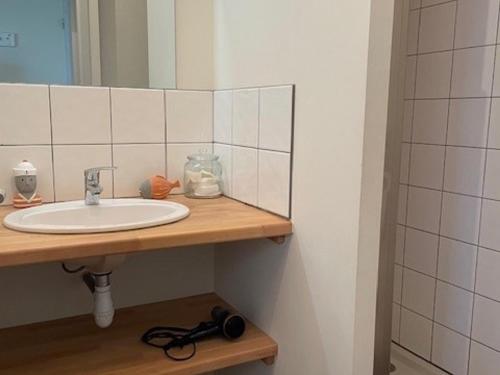 une salle de bain avec un lavabo et un miroir dans l'établissement Maison à Barbâtre - 6 pers, jardin et WiFi - FR-1-823-132, à Barbâtre