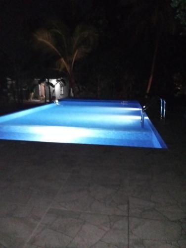 a swimming pool with blue lighting at night at The Sigiri Roar in Sigiriya