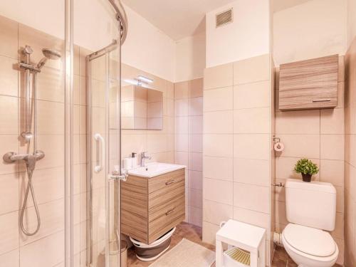 une salle de bain avec une douche, des toilettes et un lavabo dans l'établissement T3 Climatisé avec Parking, Proche Plage - FR-1-816-25, à Bormes-les-Mimosas