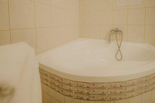 a bath tub in a bathroom with a shower at Popasul Caprioarei in Pădureni