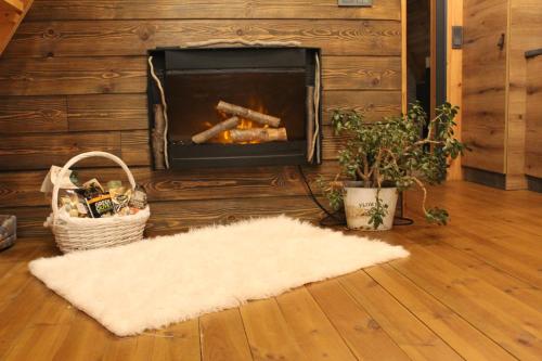 a living room with a fireplace and a white rug at Dakota forest retreat in Tsigov Chark