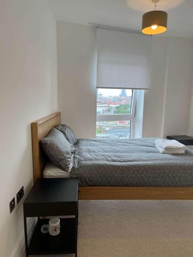 a bedroom with a bed and a window at Two-Bedroom Apartment with City View in Birmingham