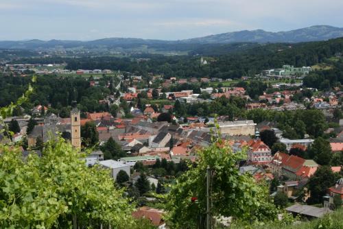 an aerial view of a town with trees and buildings at Gästehaus Kleindienst in Deutschlandsberg