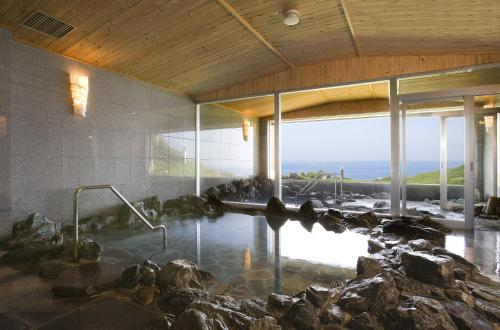 a room with a pool of water with rocks at Hotel Neu Schloss Otaru in Otaru