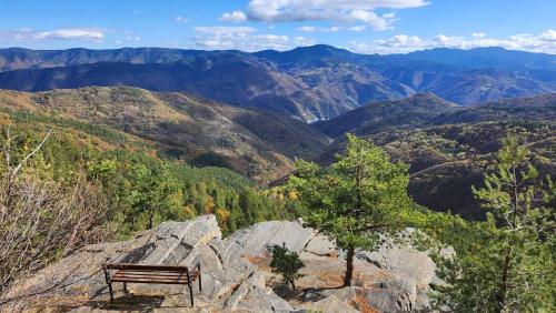 a wooden bench sitting on top of a mountain at Къща за гости ВИРА in Yasă-Koriya
