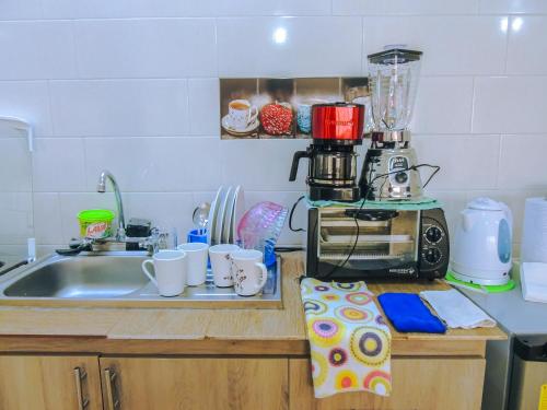 a kitchen counter with a sink and a blender at Alojamiento Ideal in Riobamba