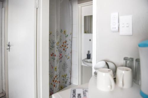 a bathroom with a shower curtain with a mirror at Webbs Self catering Cottage in Vryheid