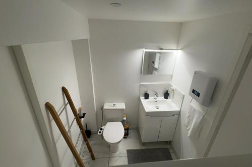 une petite salle de bain avec toilettes et lavabo dans l'établissement Villa neuve sans vis à vis avec piscine privée, à Saint-Gilles