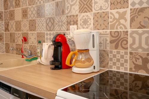 un comptoir de cuisine avec divers appareils sur un plan de travail dans l'établissement Les hirondelles, à Saint-Maurice-de-Rotherens