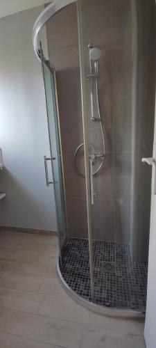 une douche avec une porte vitrée dans une salle de bain dans l'établissement Idéalement situé, tout à pied, 60m2, à Saint-Georges-de-Didonne