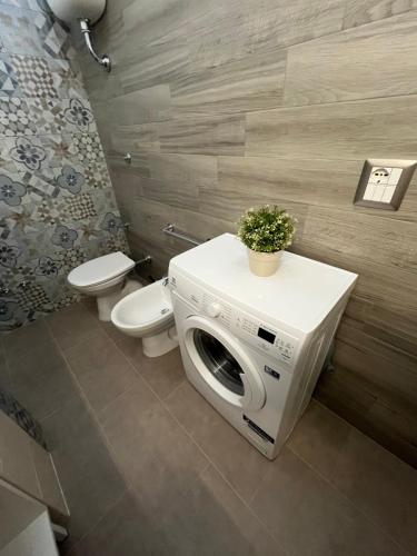 a bathroom with a washing machine and a toilet at BOUGANVILLE casa vacanza ambiente climatizzato con wi fi in Pineto