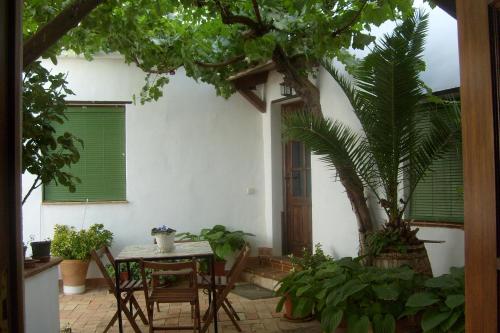 a patio with a table and chairs and plants at Señorío de Monterruiz in Casas de Santa Cruz