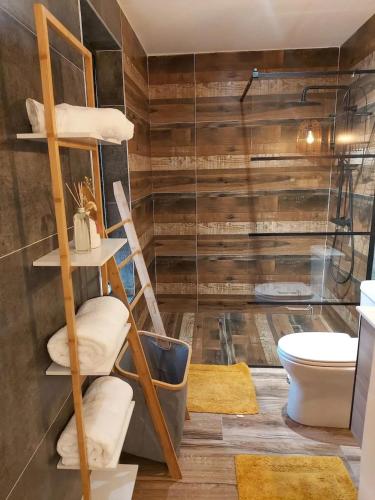 a bathroom with a shower and a toilet at Villa élégante avec piscine privée à Saint Paul + Vue sur la mer in Saint-Paul