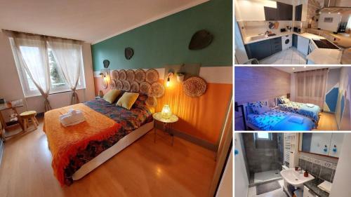 un collage de quatre photos d'une chambre dans l'établissement Le Turenne, centre-ville Belfort, à Belfort