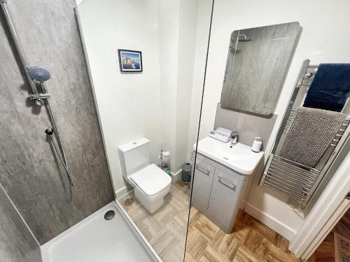 a bathroom with a shower and a toilet and a sink at Merton Place, Southsea apartment with parking in Southsea