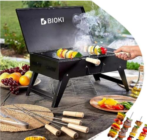 a grill with a bunch of food on a table at Lakefront 2BHK villa I Cozy A-frame balcony deck & BBQ grill in Kollam