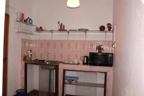 a kitchen with a counter with a microwave and a sink at Ayubo Villa Ruby Room in Ja-Ela