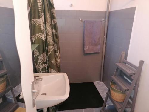 une salle de bain avec un lavabo et une douche dans l'établissement Aux Papyrus, à La Londe-les-Maures