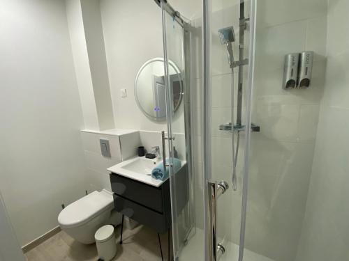 une salle de bain avec toilettes, lavabo et douche dans l'établissement Le relais, à Joigny