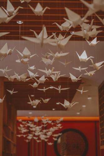 a bunch of paper planes hanging from a ceiling at Astoria Hotel All Inclusive- Free parking, Private Beach & Beach Club in Golden Sands