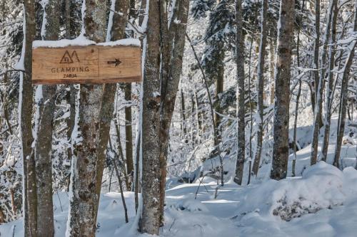 a sign on a tree in a snow covered forest at Glamping Zarja, Vipava Valley in Zoll