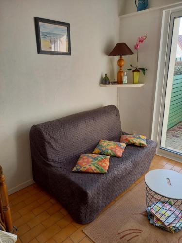 - un canapé dans le salon avec 2 oreillers dans l'établissement Charmilles, à La Palmyre