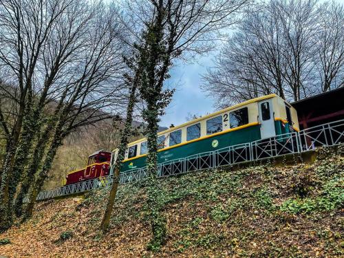 a train traveling down a track on a hill at Happy Home Apartman in Miskolctapolca