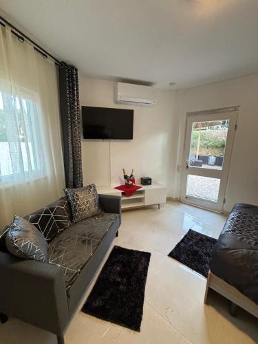 a living room with a couch and a tv at Bentley studio in Sanary-sur-Mer