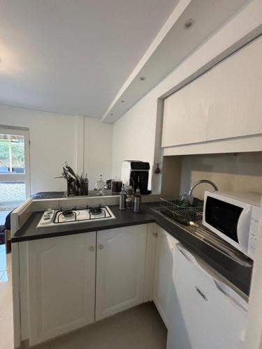 a kitchen with a stove and a microwave in it at Bentley studio in Sanary-sur-Mer