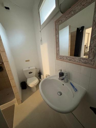 a bathroom with a sink and a toilet and a mirror at Bentley studio in Sanary-sur-Mer