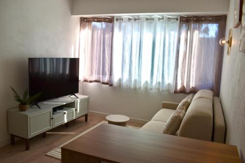 un salon avec un canapé et une télévision dans l'établissement Cosy Studio Cannes, à Cannes