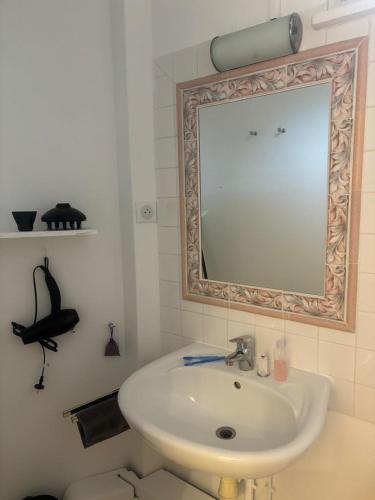 une salle de bain avec un lavabo et un miroir dans l'établissement Brooklyn Studio Rose, à Sanary-sur-Mer
