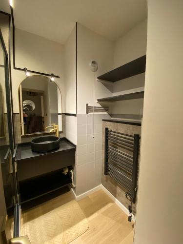 une salle de bain avec un lavabo et un miroir dans l'établissement Appartement - Cambrai, à Cambrai