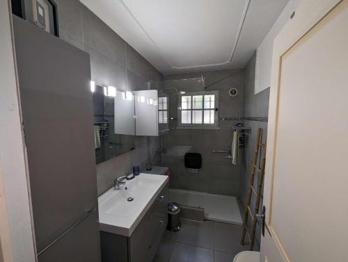 une salle de bain avec un lavabo, des toilettes et un miroir dans l'établissement Maison provençale 4 chambres entre Six Fours les plages et les Sablettes, à La Seyne-sur-Mer