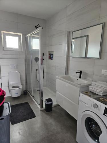 a white bathroom with a sink and a washing machine at Apartman Tamaris in Vir
