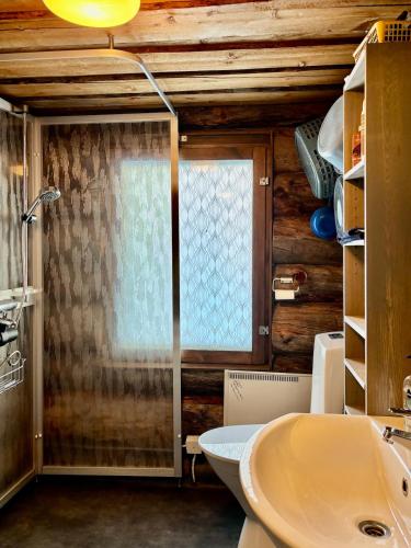 a bathroom with a sink and a toilet and a window at Autiojärven kelomökki 85m2 in Kuusamo
