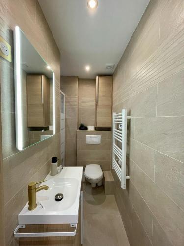 une salle de bain avec un lavabo blanc et des toilettes dans l'établissement Studio Mozart Passy Paris, à Paris