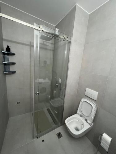 a bathroom with a toilet and a glass shower at LiboroPlanet in Niš
