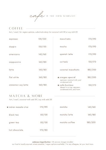 a screenshot of a menu for a restaurant at The Ohm Siargao Resort in General Luna