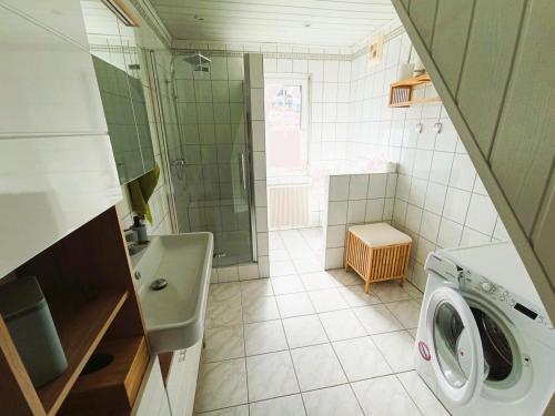a bathroom with a washing machine and a sink at Grafs Landhaus im Südburgenland in Oberdorf im Burgenland