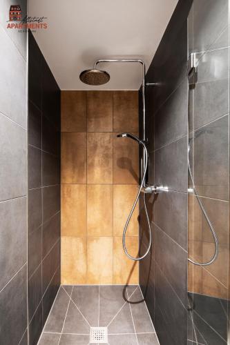 a bathroom with a shower with a shower head at Altstadt Apartments in Schongau