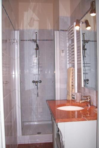 une salle de bain avec une douche, un lavabo et une baignoire dans l'établissement La Treille, maison de charme au coeur de Beynac, à Beynac-et-Cazenac