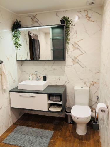 a bathroom with a toilet and a sink and a mirror at Luxury Park Villa in Sandanski