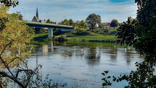 a bridge over a river with a bridge and a church at Vakantiewoning BienViennue in Marcilly-sur-Vienne