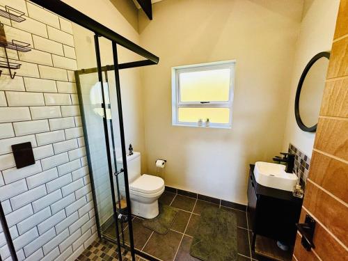 un bagno con un water, un lavandino e una finestra di Mountain View Cottage a Wildernis