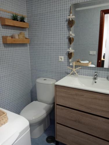 ein Badezimmer mit Toilette, Waschbecken und Spiegel in der Unterkunft A Marea in Moaña