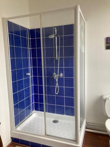La salle de bains est pourvue d'une douche avec du carrelage bleu. dans l'établissement Un havre de paix, à Fécamp