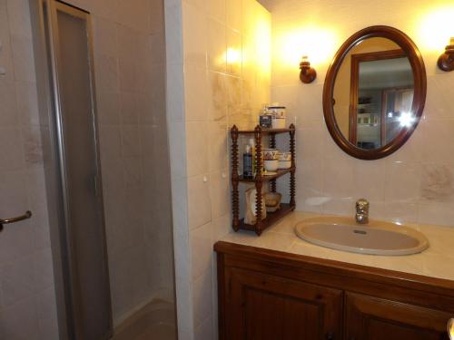 une salle de bain avec un lavabo, un miroir et une douche dans l'établissement St Cyprien maison de vacances 6 personnes clim, à Saint-Cyprien
